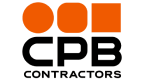 Logo of CPB Contractors featuring three orange shapes (a circle, a rounded square, and a rectangle) above the "CPB" initials in bold, black letters. The word "CONTRACTORS" in smaller black text is placed beneath "CPB.