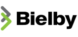 The image shows the Bielby logo, which features the word "Bielby" in bold black font. To the left of the text, there's a stylized design consisting of two interlocking shapes, one green and the other gray, forming an abstract "X" shape.