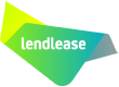 A logo featuring the word "lendlease" in a sans-serif font. The text is placed within an abstract, multicolored shape with shades of green, yellow, blue, and gray.