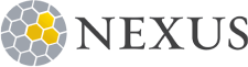 The image consists of a logo, featuring a gray, honeycomb-patterned shape with three yellow hexagons clustered in the center. To the right of the shape is the text “NEXUS” in black, uppercase serif font.