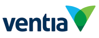 The image displays the Ventia logo, which features the word "Ventia" in blue, bold, lowercase letters. To the right of the text is a stylized "V" shape with blue, green, and dark green segments intersecting near the top.